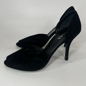 Prada black peeptoe suede stiletto D’Orsay pumps cutout classic 39 US 9 heels